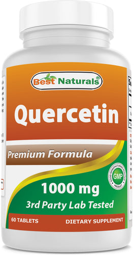 A bottle of Best Naturals Quercetin 1000 Mg, a dietary supplement that supports cardiovascular and immune health while promoting healthy histamine levels.