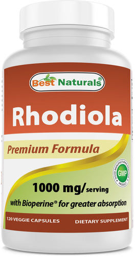 A bottle of Rhodiola with Bioperine 1000Mg, a dietary supplement that helps your body adapt to stress, promoting a stable mood and controlling your blood pressure, blood sugar levels, and heart rate.