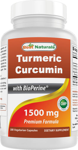 A bottle of the dietary supplement Turmeric Curcumin, with BioPerine, which can ease the symptoms of osteo and rheumatoid arthritis and has antioxidant and anti-inflammatory properties. 1500mg capsules.