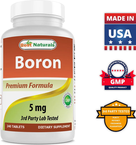 Bottle of Boron, a dietary supplement that  supports healthy hormonal balance, bone strength and health, connective tissue, and nutrient metabolism.