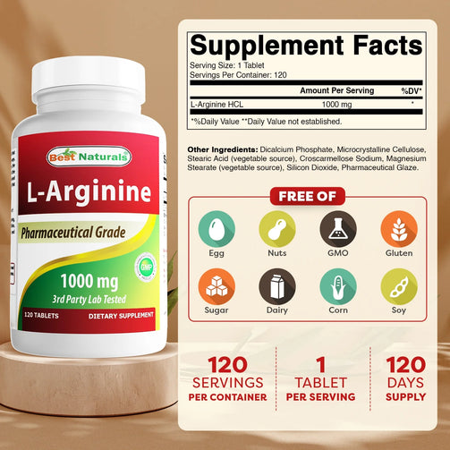 Best Naturals L-Arginine supplement facts. Serving size of 1 tablet, 120 servings per container. L-Arginine HCL 1000mg per serving.