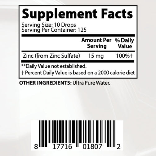 Ionic Liquid Zinc Supplement Facts. 15mg per serving, 100% daily value.