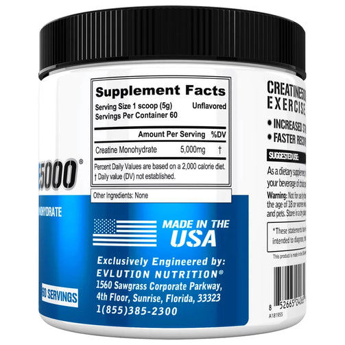 Keto Friendly. Creatine Monohydrate Powder Supplement Facts. 5g Scoop, 60 servings per container.