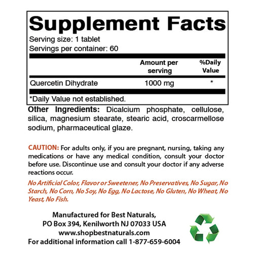 Best Naturals Quercetin supplement facts. Serving size of 1 tablet, with 60 servings per container.
