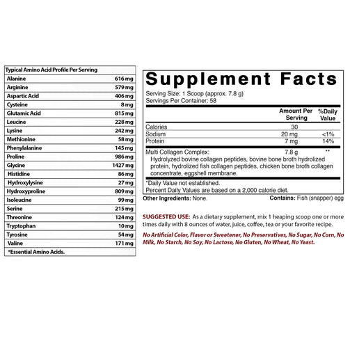 Best Naturals - Multi Collagen Peptides supplement facts. Serving size of 1 scoop, with 58 servings per container. Calories 30, sodium 20 mg, and protein 7mg. 7.8g of collagen.