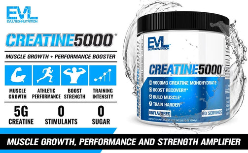 Creatine Monohydrate Powder 5000Mg Unflavored 5G Serving, 0 stimulants and 0 sugar.