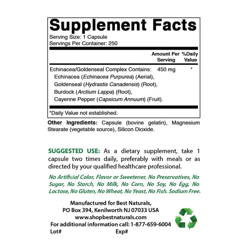 Best Naturals  Echinacea & Goldenseal Root supplement facts. Serving size of 1 capsule, 250 servings per container. Contains echinacea, goldenseal, burdock, and cayenne pepper.