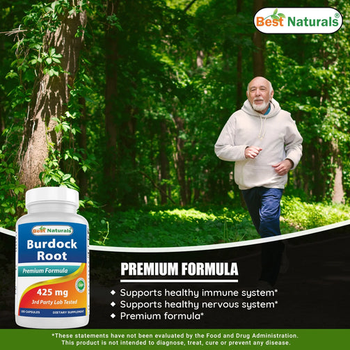 An elderly man out jogging, burdock root supports healthy immune and neverous systems.