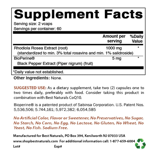 Best Naturals Rhodiola with Bioperine 1000Mg. Supplement Facts. Serving size of two capsules, with 60 servings per container.