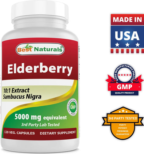 A bottle of Elderberry Sambucus Nigra 5000Mg, a dietary supplement that helps support your immune system,  swelling and pain, and lowers cholesterol, reducing the risk of heart disease.