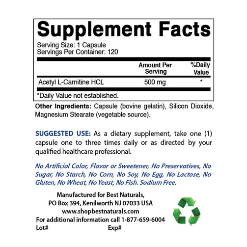 Best Naturals - Acetyl L-Carnitine 500 Mg 120 Capsules