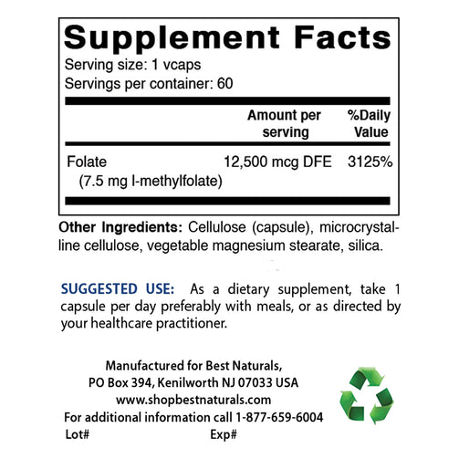 Best Naturals Methyl Folate supplement facts. Serving size 1 capsule, 60 servings per container. Contains folate.