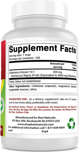 Best Naturals Elderberry Sambucus Nigra 5000Mg supplement facts. Serving size of one capsule, with 120 servings per container.
