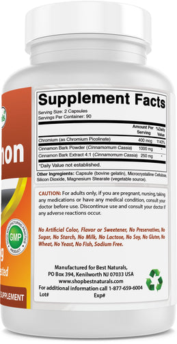 Cinnamon 1000 Mg with Chromium 200 Mcg 180 Capsules
