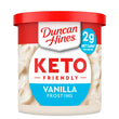 Container of keto friendly, Duncan Hines vanilla frosting, with 2g net carbs per serving.