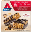 A box of Atkins chocolate chip granola protein meal bars. 17g protein, 3g net carbs, 1g sugar per serving, and rich in fiber. 