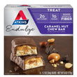 A box of Atkins Endulge caramel nut chew bars. Good source of fiber with only 2g net carbs and 1g of sugar.