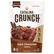 A bag of keto friendly, catalina crunch dark chocolate cereal, with 11g protein, 9g fiber, and 0g sugar per serving.