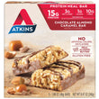 A box of keto friendly, Atkins chocolate almond caramel protein bars. 15g of protein, 3g net carbs, 1g sugar, and 10g fiber per serving.