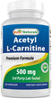 A bottle of the dietary supplement, Acetyl L-Carnitine,  which supports healthy cellular energy metabolism, brain and nervous system function, and may help with body fat reduction. 500mg Capsules.
