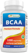 A bottle of BCAA, a dietary supplement formula, that supports muscle growth, recovery, and endurance. 3200mg per serving, by Best Naturals.