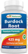 A bottle of a dietary supplement by best naturals. Burdock root premium formula, 425 mg.