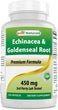 A bottle of  Echinacea & Goldenseal Root, a dietary supplement that supports healthy respiratory, immune, and inflammatory systems. 450mg capsules, by Best Naturals.