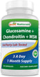 A bottle of a dietary supplement for improving joint function by Best Naturals, Glucosamine + Chondroitin + MSM. 3 A day, 1 month supply.