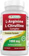 A bottle of L-arginine L-Citrulline Complex, a dietary supplement that helps with cleansing, widening the blood vessels, and is good for cardiovascular health, cell growth, and repair, by Best Naturals. 1000mg Tablets