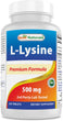 A bottle of Best Naturals L-Lysine premium formula, a dietary supplement, 500mg tablets.