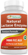 A bottle of Best Naturals - Lactase Enzyme 9000 FCC ALU. Lactase helps your body digest lactose, helping to prevent bloating, diarrhea and gas caused by intolerance.