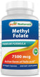 A bottle of the dietary supplement Methyl Folate, which can help regular your mood and improve your sleep quality. 7500mcg capsules. Active form of folic acid.