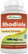 A bottle of Rhodiola with Bioperine 1000Mg, a dietary supplement that helps your body adapt to stress, promoting a stable mood and controlling your blood pressure, blood sugar levels, and heart rate.