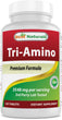 A bottle of Tri-Amino, a dietary supplement aiding in protein synthesis and muscle recovery,  by Best Naturals, containing L-Arginine, L-Ornithine, L-Lysine. 