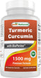 A bottle of the dietary supplement Turmeric Curcumin, with BioPerine,  which can ease the symptoms of osteo and rheumatoid arthritis and has antioxidant and anti-inflammatory properties. 1500mg capsules.