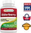 A bottle of Elderberry Sambucus Nigra 5000Mg, a dietary supplement that helps support your immune system,  swelling and pain, and lowers cholesterol, reducing the risk of heart disease.